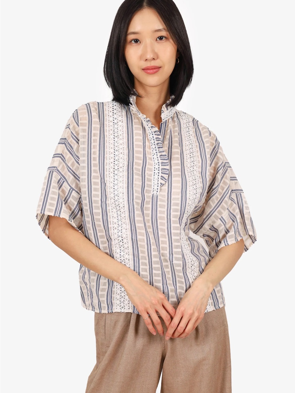 Sandro Striped Lace-Trim Relaxed Women's Top in Beige and Navy